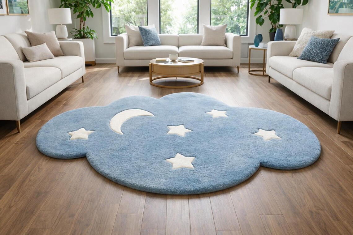 Moon Rover Play Rug Soft Hand-tufted Wool Cloud Rug | Moon Star Nursery Carpet for Baby ...