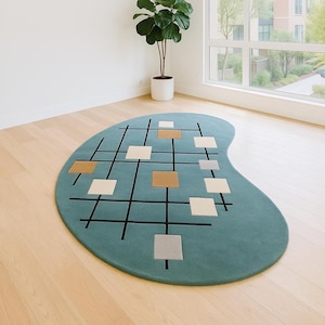 Abstract Hand-Tufted Newzealnd Wool Area Rug, in Teal with Geometric Squares & Black Grid Lines, Contemporary Carpet for Living Room,