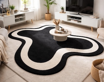 Modern Black Cream Abstract Rug, Handmade Wool Area Rug, Organic Wave Carpet, Contemporary Decor