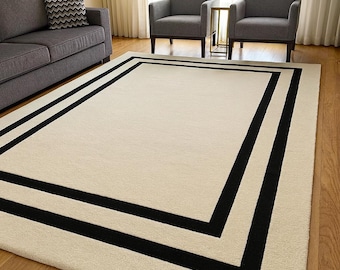Hand-Tufted Wool Rug | Modern Cream Rug with Black Border