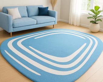 Modern Blue Abstract Area Rug, Tufted Nordic Carpet, Minimalist Living Room Decor Rug