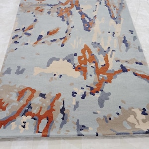 Modern Abstract Wool Area Rug, Soft Blue, Rust & Cream, Hand Tufted Artistic Floor Decor, Cozy Living Room Accent, 5x8 ft Handmade Rug,