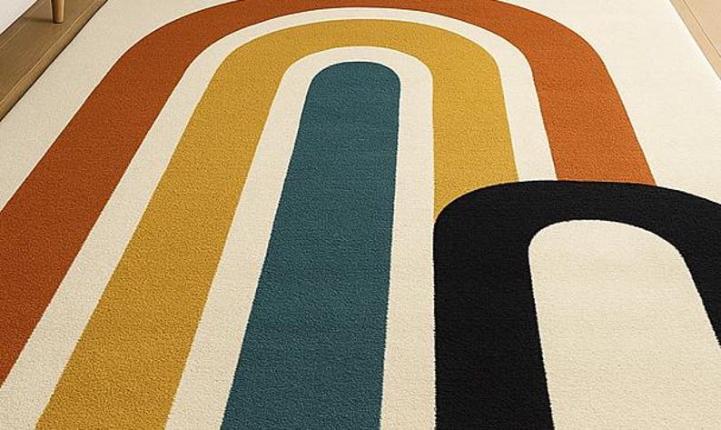 May include: A colorful area rug with a retro design. The rug features a cream-colored background with large, arched stripes in shades of orange, yellow, teal, and black. The design is reminiscent of a rainbow.