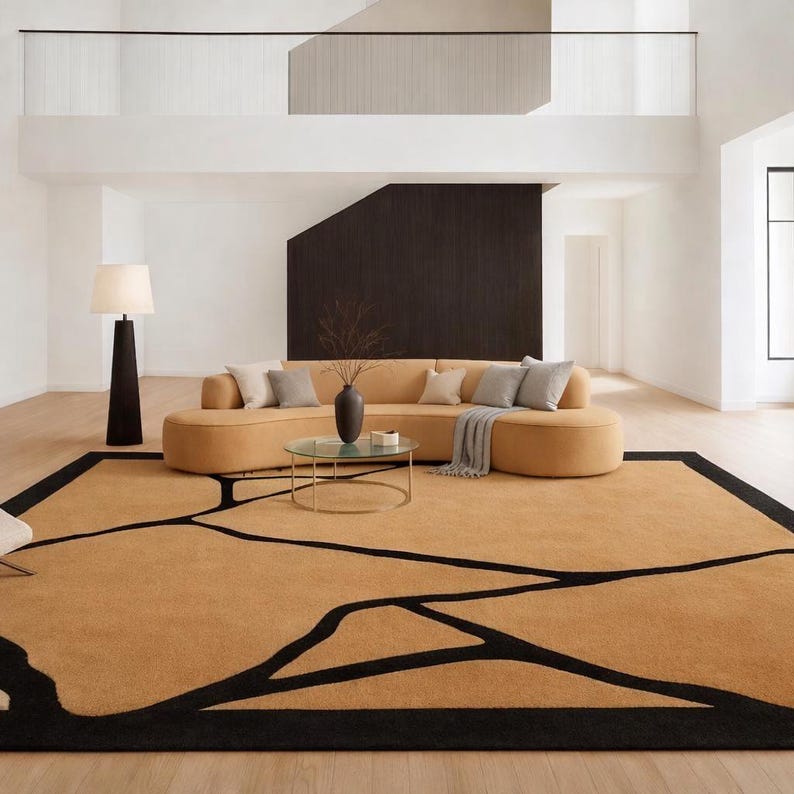 Hand-Tufted Modern Abstract Line Art Area Rug | Luxury Living Room Carpet Camel
