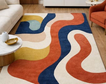 Hand Tufted Wool Rug: Retro Wave, Teal, Mustard & Terracotta