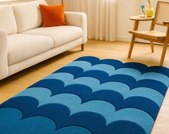 Hand-Tufted Wool Rug | Modern Blue Wave Pattern Carpet, Living Room Area Rug