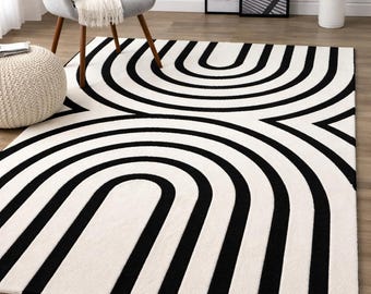 Moderner Schwarzer Weißer Abstrakter Teppich, Handgetufteter Wollteppich, Geometrischer Skandinavischer Bodenteppich für Wohnzimmer Schlafzimmer