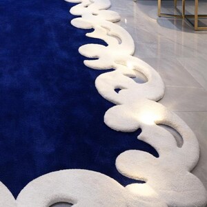 Hand Tufted Wool Runner Rug, Royal Blue, Sculpted Ivory Border - Etsy