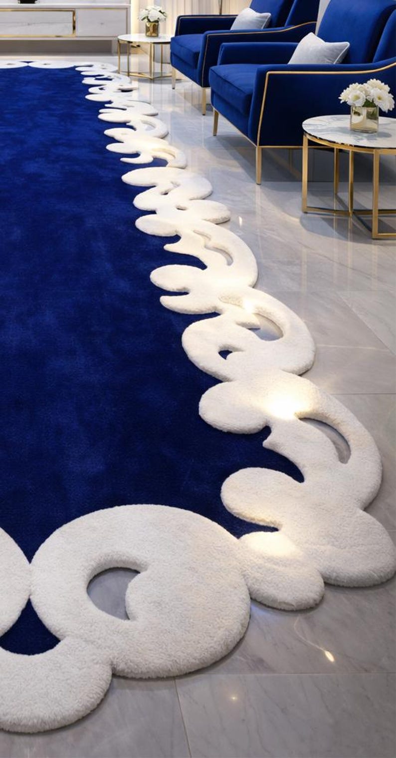 Hand Tufted Wool Runner Rug, Royal Blue, Sculpted Ivory Border - Etsy