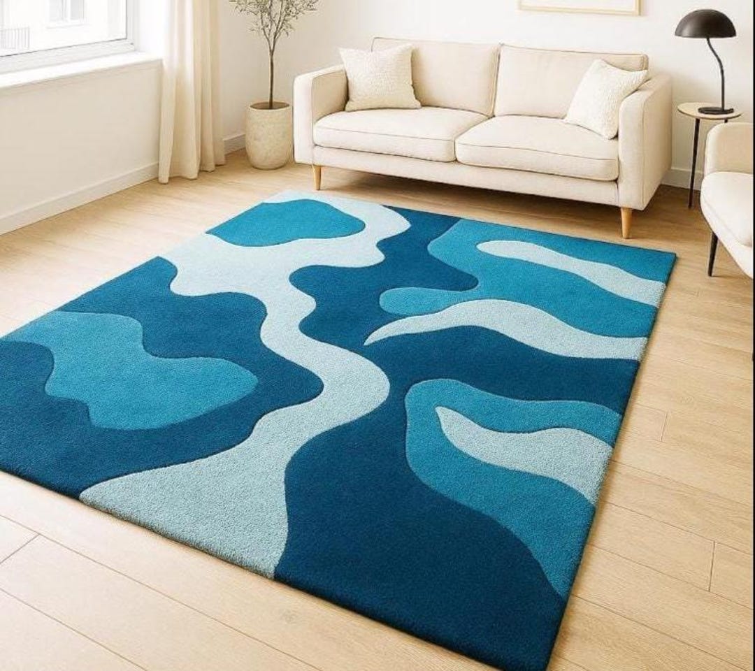 Hand-tufted Wool Rug: Modern Blue Abstract Wave Design, 5x7 Ft - Etsy