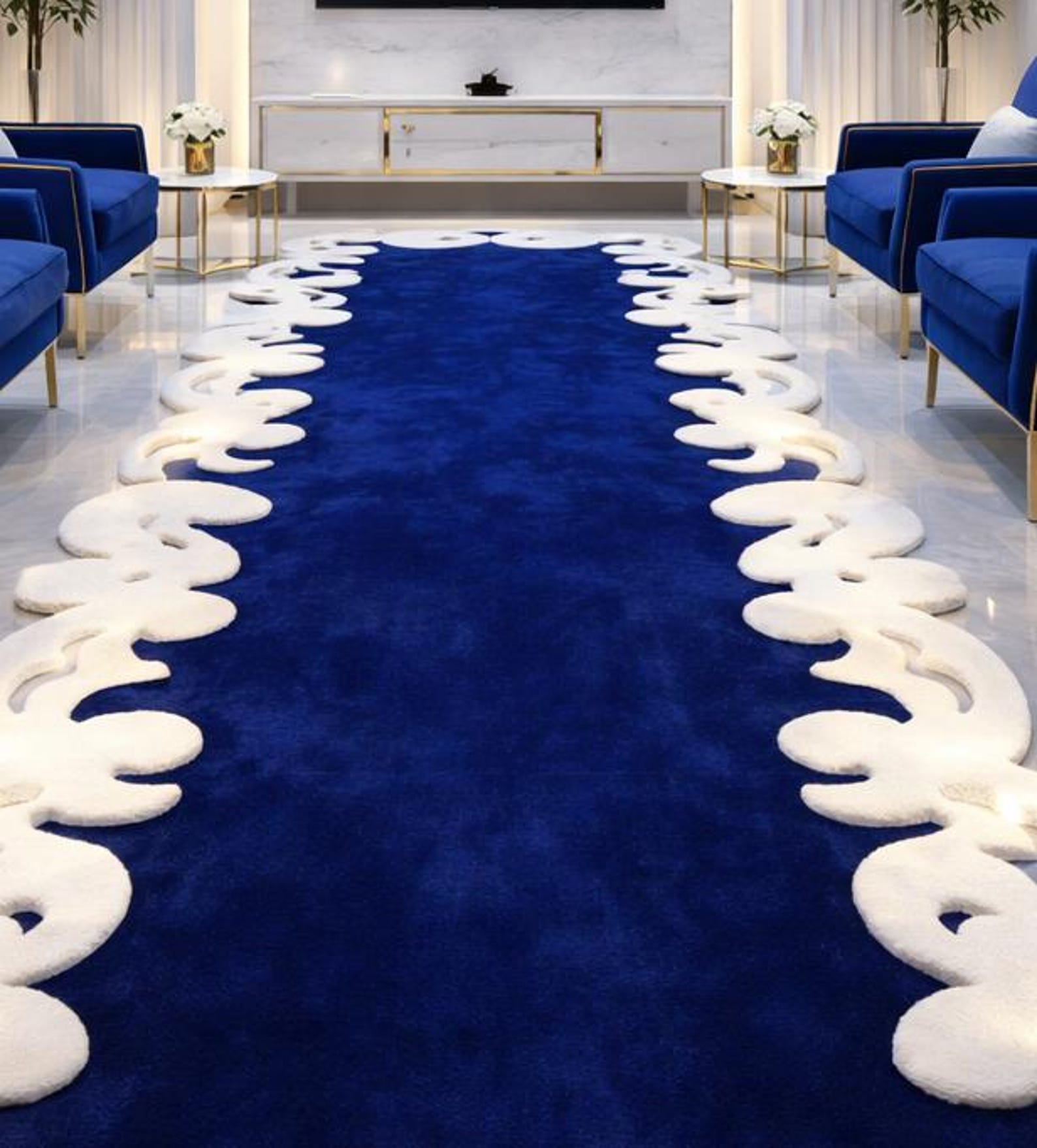 Blue Rune Rug Hand Tufted Wool Runner Rug, Royal Blue, Sculpted Ivory Border - Etsy