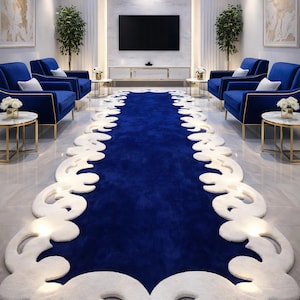Hand Tufted Wool Runner Rug, Royal Blue, Sculpted Ivory Border - Etsy