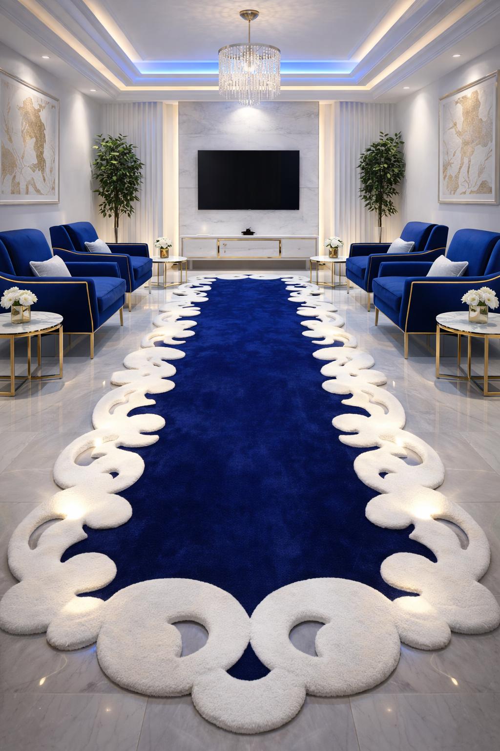 Royal Runner Rug Texture Hand Tufted Wool Runner Rug, Royal Blue, Sculpted Ivory Border - Etsy