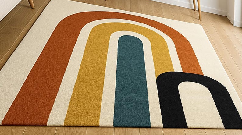 May include: A rectangular area rug with a retro rainbow design. The rug features a cream-colored background with arched stripes in rust, yellow, teal, and black. The rug is made of a soft, textured material.