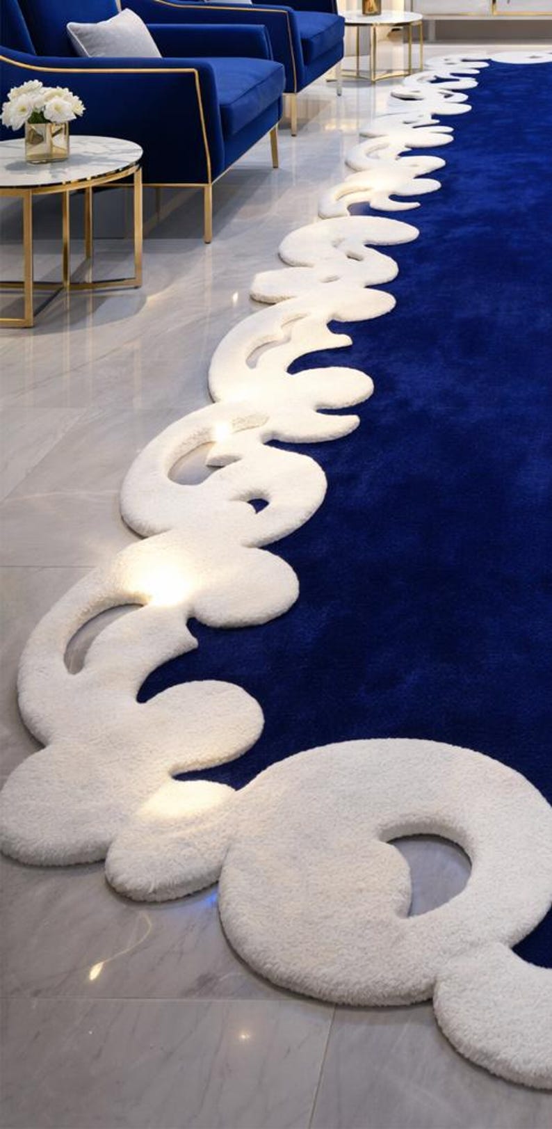 Blue Rune Rug Hand Tufted Wool Runner Rug, Royal Blue, Sculpted Ivory Border - Etsy