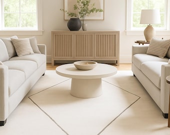 Handtuftad krämfärgad ullmatta, modern geometrisk linjedesign