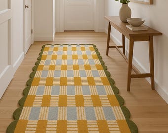 Hand Tufted Wool Hallway Runner: Mustard & Gray Checkered Rug with Scalloped Olive Border