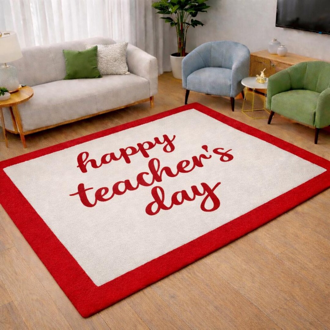 Tecaher Rug Hand Tufted Wool Rug, Cream Red Border, Happy Teacher's Day Script ...