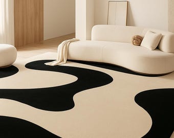 Modern Black Beige Abstract Rug | Luxury Hand-Tufted Curvy Carpet | Minimalist Living Room Decor