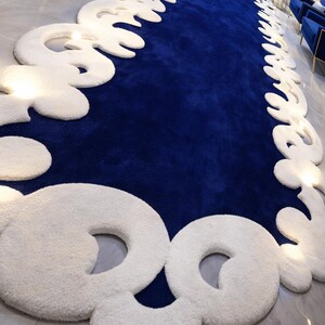 Hand Tufted Wool Runner Rug, Royal Blue, Sculpted Ivory Border - Etsy