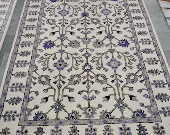 Hand-Tufted Wool Rug: Ivory Floral Vines, Lavender, Grey & Indigo