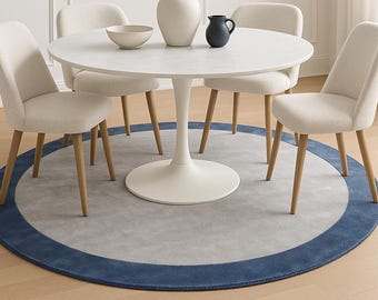 Hand Tufted Round Silk Rug: Gray with Navy Border, Modern Minimalist