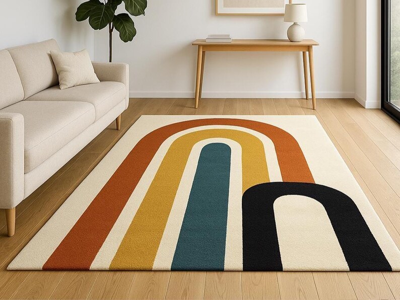 May include: A rectangular area rug with a retro rainbow design. The rug features a cream-colored background with large, curved stripes in shades of orange, yellow, teal, and black. The rug is placed on a hardwood floor.