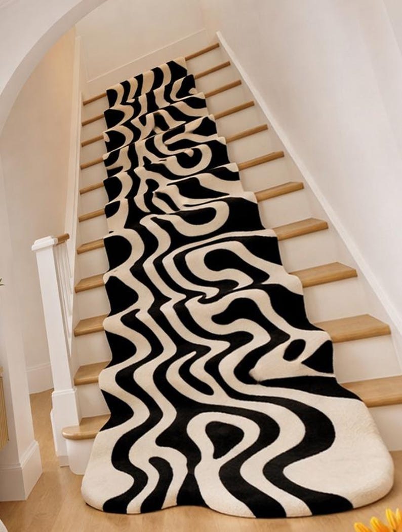 Riser Rug Hand Tufted Wool Stair Runner Rug, Abstract Wavy Carpet - Etsy