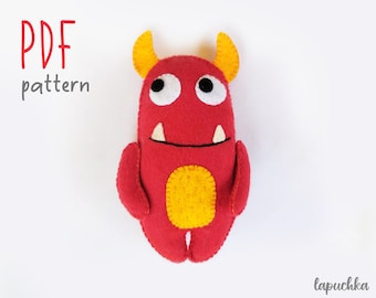 Cute Red Monster PDF Pattern. Sewing Step by Step Tutorial. Felt toy craft DIY