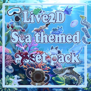 May include: A digital art asset pack with a sea theme. The image features various sea creatures, including a shark, octopus, and shrimp, along with the text "Live2D Sea themed Asset pack" in a blue font against a blue background.