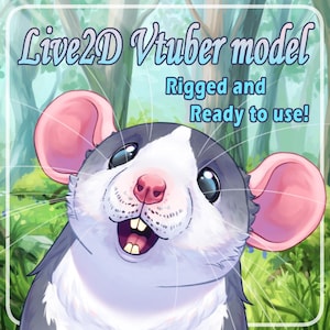 May include: A digital illustration of a grey and white rat with large pink ears and visible front teeth. The text "Live2D Vtuber model" and "Rigged and Ready to use!" is displayed in blue and white lettering against a forest background.