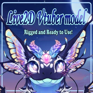 May include: Digital artwork of a Live2D Vtuber model. The image shows a dark blue and white creature with large eyes and butterfly-like wings. Text reads "Rigged and Ready to Use!"