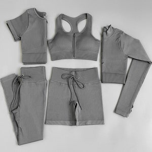 Women’s Seamless Ribbed Gym Yoga Set Grey 2pc 3pc 5pc
