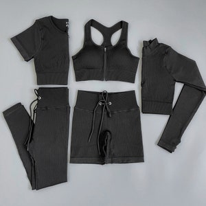 Women’s Seamless Ribbed Gym Yoga Set Black 2pc 3pc 5pc