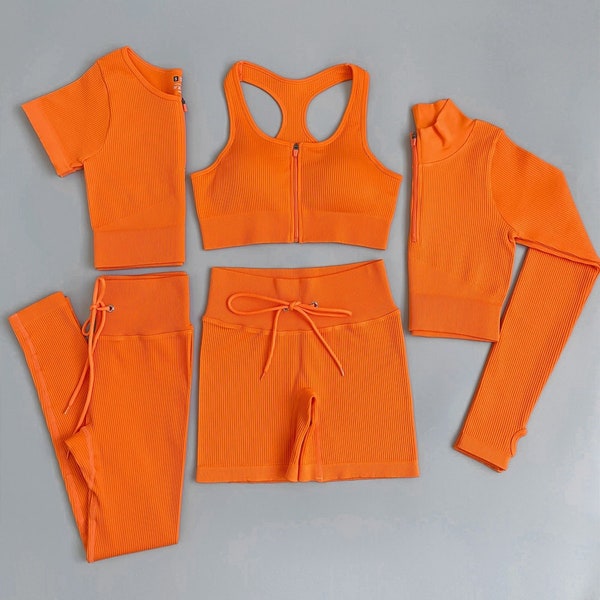Women’s Seamless Ribbed Gym Yoga Set Orange 2pc 3pc 5pc