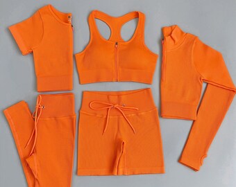 Women’s Seamless Ribbed Gym Yoga Set Orange 2pc 3pc 5pc