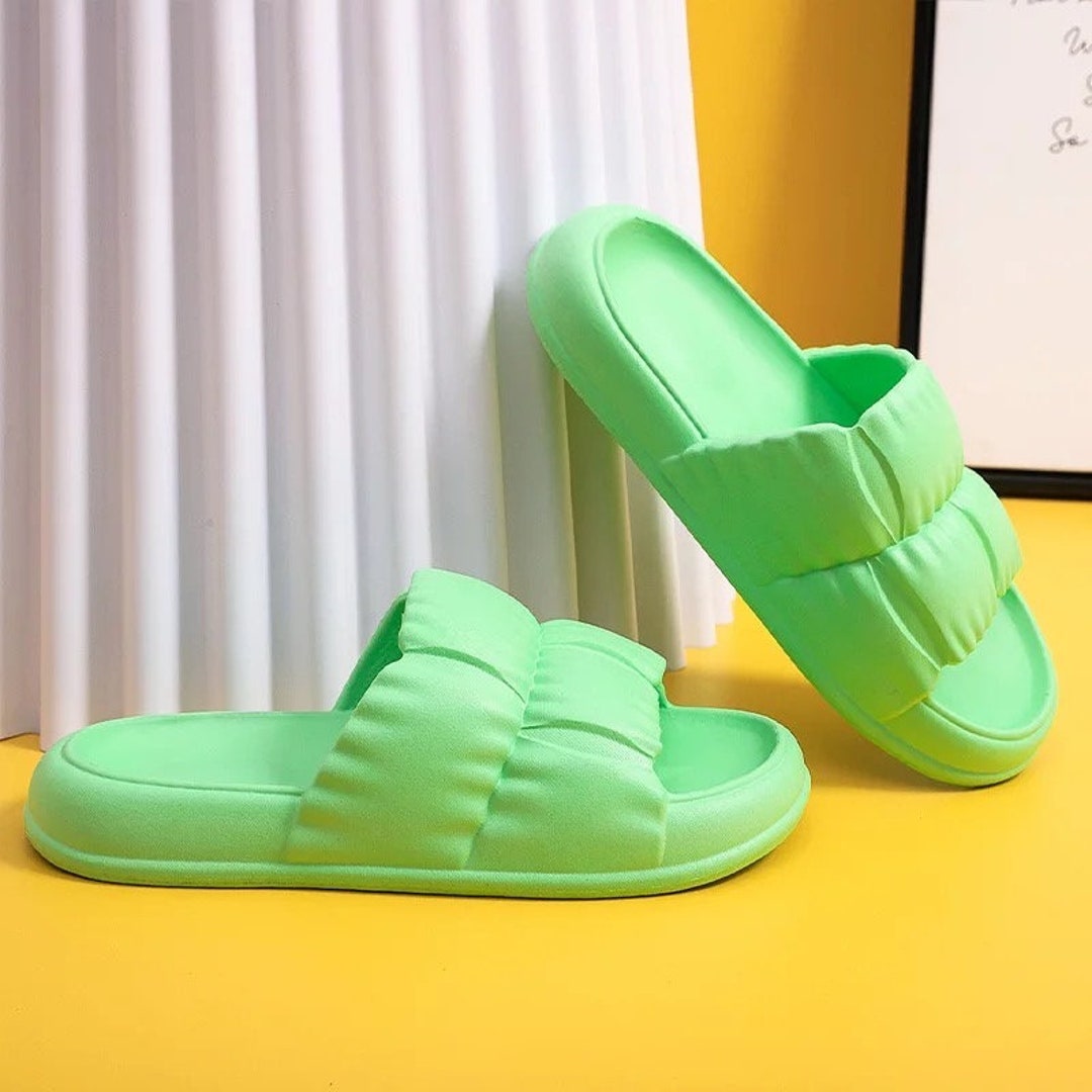 Pillow Velcro Strap Flatform Slider Sandal In Brown Print Nylon