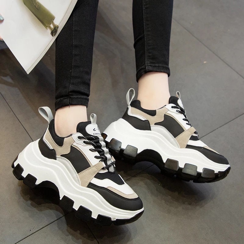 Womens Chunky Platform Sneakers White Black - Etsy