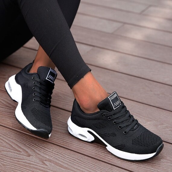 Women s Lightweight Mesh Running Trainers Black Etsy