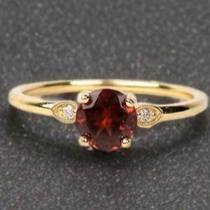 Genuine 14k Gold Garnet Ring with Diamonds: January Birthstone Dainty Stackable Ring