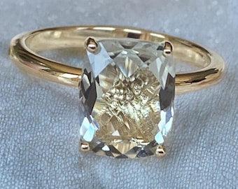 14k antiker Kissen grüner Amethyst Ring, antiker Kissen Prasiolith Ring, länglicher Schachbrettschliff Amethyst Versprechen Ring Schmuck