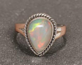Solitaire Fire Opal Sterling Silver Ring October Birthstone Natural Opal Ring, Engagement Ring, White Opal Ring Gift For Her