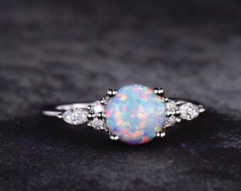 Multi Fire Opal Sterling Silver Ring October Birthstone Natural Opal Ring, Engagement Ring, White Opal Ring Gift For Her