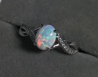Solitaire Fire Opal Sterling Silver Ring October Birthstone Natural Opal Ring, Engagement Ring, White Opal Ring Gift For Her