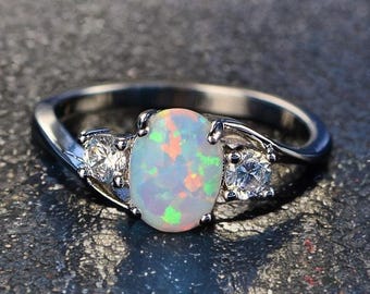 Multi Fire Opal Sterling Silver Ring October Birthstone Natural Opal Ring, Engagement Ring, White Opal Ring Gift For Her