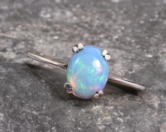Solitaire Fire Opal Sterling Silver Ring October Birthstone Natural Opal Ring, Engagement Ring, White Opal Ring Gift For Her