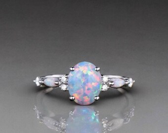 Oval Multi Fire Opal Sterling Silver Ring October Birthstone Natural Opal Ring, Engagement Ring, White Opal Ring Gift For Her