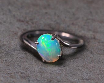 Solitaire Fire Opal Sterling Silver Ring October Birthstone Natural Opal Ring, Engagement Ring, White Opal Ring Gift For Her