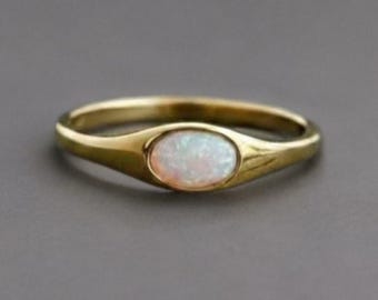 Solitaire Oval Cut Natürlicher Opal Siegelring, 14k Solid Gold Verlobungsring, Edelstein Voll Lünette Einstellung Vorschlag Schmuck Ring Für Frauen