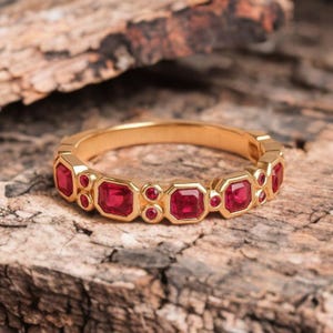 Princess Cut Ruby Band, 14K Solid Gold Bezel Setting Half Eternity Wedding Band Stackable Ring Jewelry